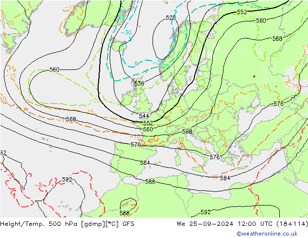 Z500/Rain (+SLP)/Z850 GFS Mi 25.09.2024 12 UTC