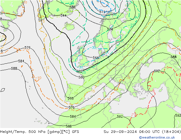 Z500/Rain (+SLP)/Z850 GFS dom 29.09.2024 06 UTC