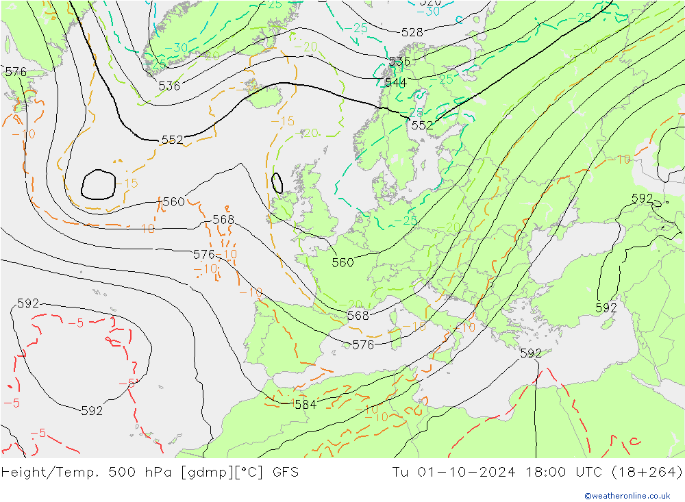 Z500/Rain (+SLP)/Z850 GFS вт 01.10.2024 18 UTC