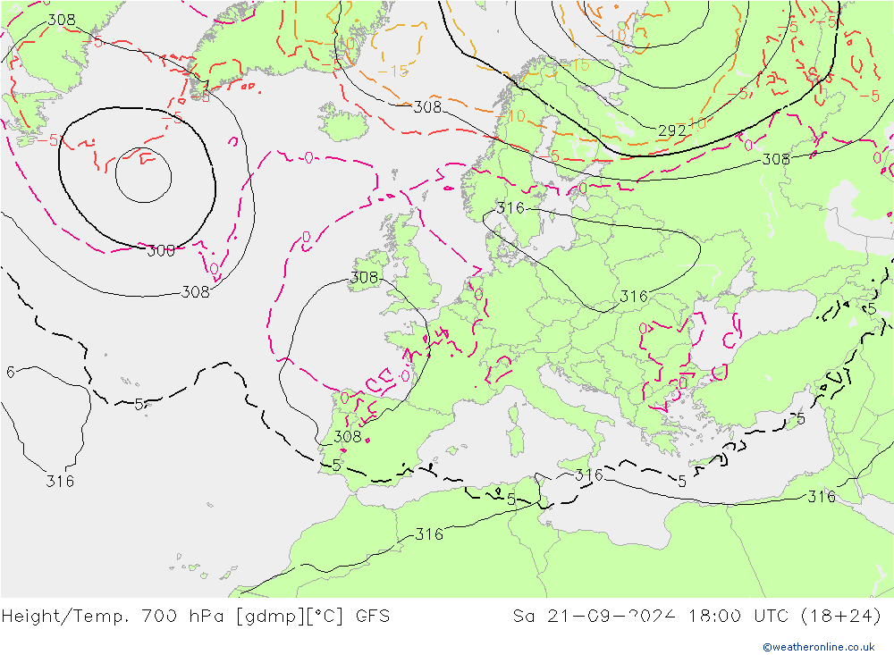 Height/Temp. 700 гПа GFS сб 21.09.2024 18 UTC