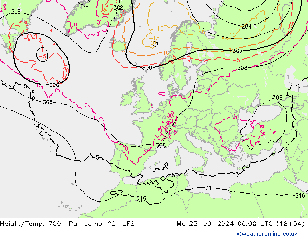 Height/Temp. 700 hPa GFS pon. 23.09.2024 00 UTC