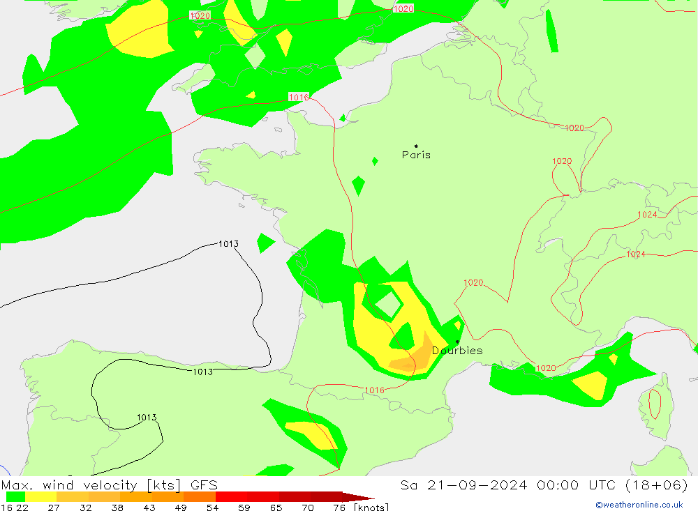 Max. wind velocity GFS Sáb 21.09.2024 00 UTC