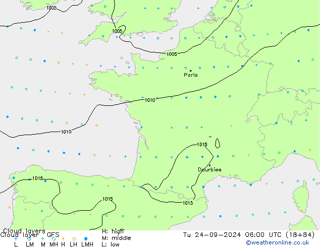 Cloud layer GFS Út 24.09.2024 06 UTC