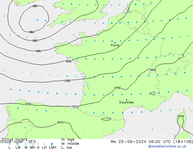 Chmura warstwa GFS śro. 25.09.2024 06 UTC