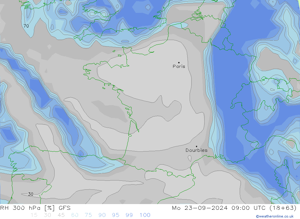 RH 300 hPa GFS Mo 23.09.2024 09 UTC