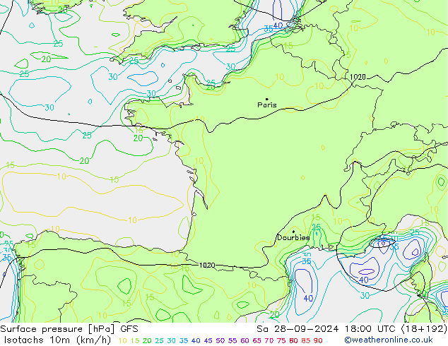 Isotachen (km/h) GFS Sa 28.09.2024 18 UTC