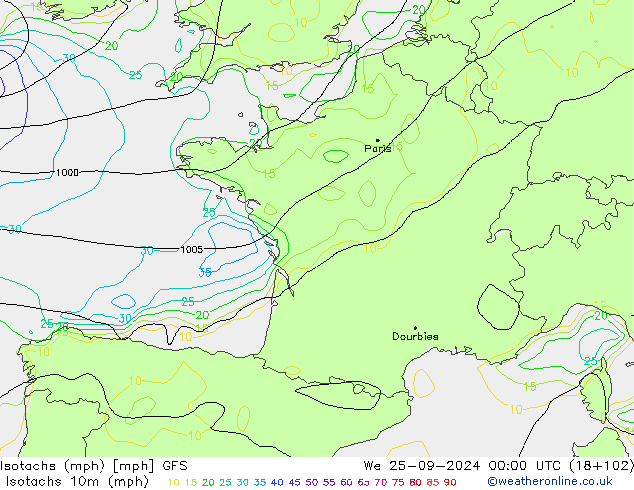 Isotachs (mph) GFS We 25.09.2024 00 UTC