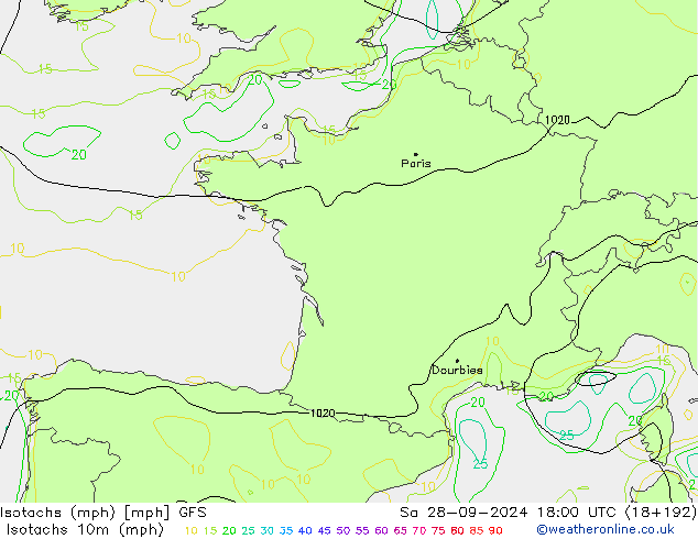 Isotachs (mph) GFS  28.09.2024 18 UTC