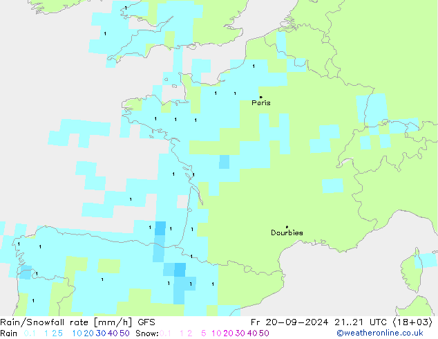 Rain/Snowfall rate GFS vie 20.09.2024 21 UTC