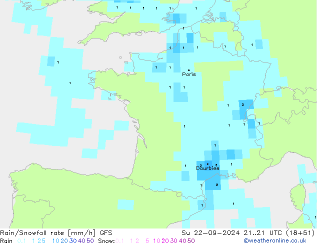 Rain/Snowfall rate GFS dom 22.09.2024 21 UTC