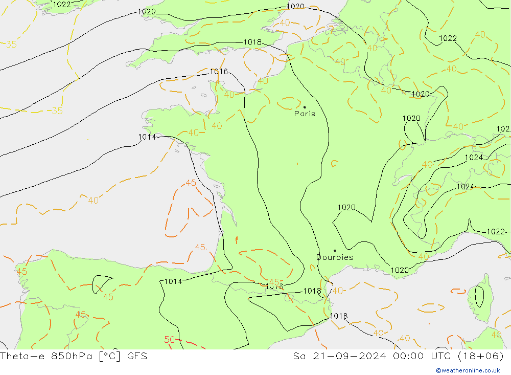 Theta-e 850hPa GFS Sáb 21.09.2024 00 UTC