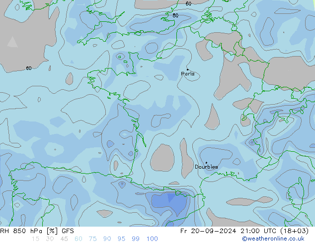 Humedad rel. 850hPa GFS vie 20.09.2024 21 UTC