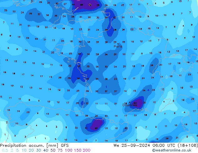 Precipitación acum. GFS mié 25.09.2024 06 UTC