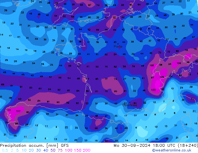 Nied. akkumuliert GFS Mo 30.09.2024 18 UTC