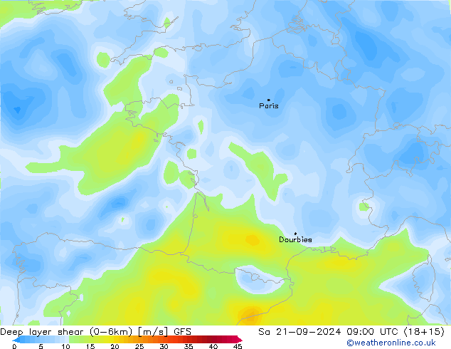 Deep layer shear (0-6km) GFS сб 21.09.2024 09 UTC