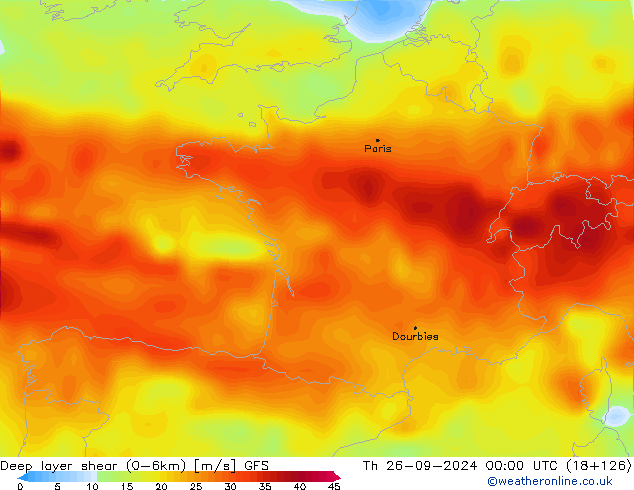 Deep layer shear (0-6km) GFS чт 26.09.2024 00 UTC