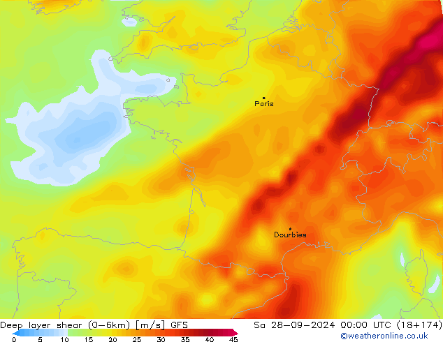 Deep layer shear (0-6km) GFS Sa 28.09.2024 00 UTC