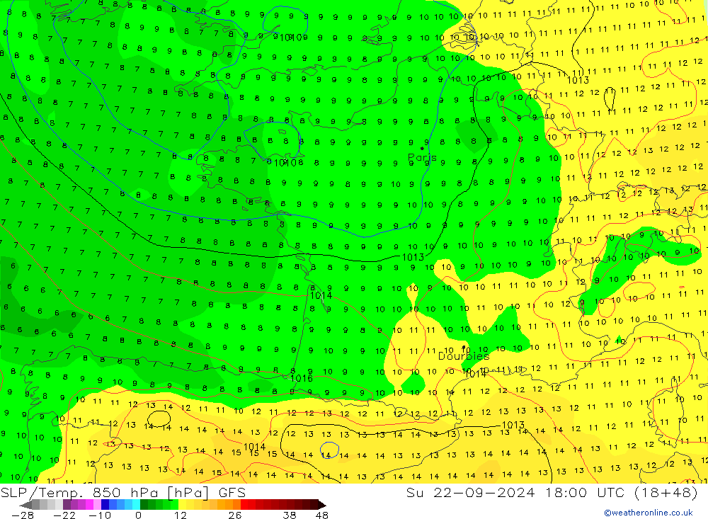 SLP/Temp. 850 hPa GFS dom 22.09.2024 18 UTC