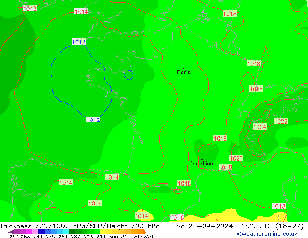 Thck 700-1000 hPa GFS sam 21.09.2024 21 UTC