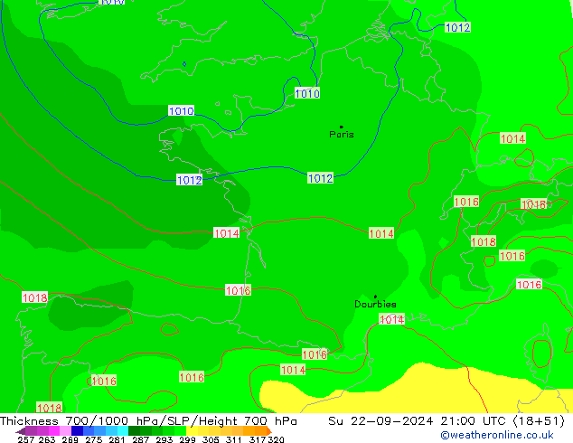 Thck 700-1000 гПа GFS Вс 22.09.2024 21 UTC