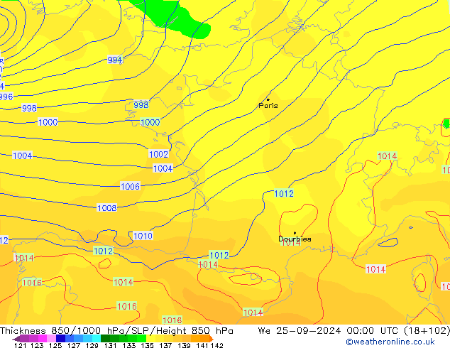 Thck 850-1000 hPa GFS mer 25.09.2024 00 UTC