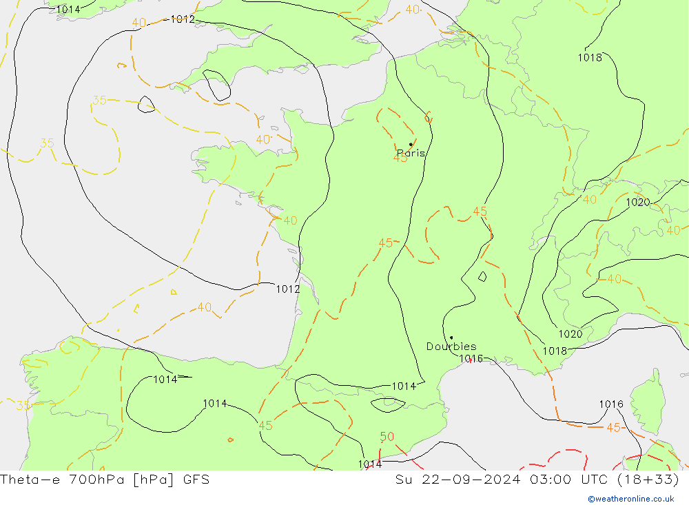 Theta-e 700hPa GFS nie. 22.09.2024 03 UTC