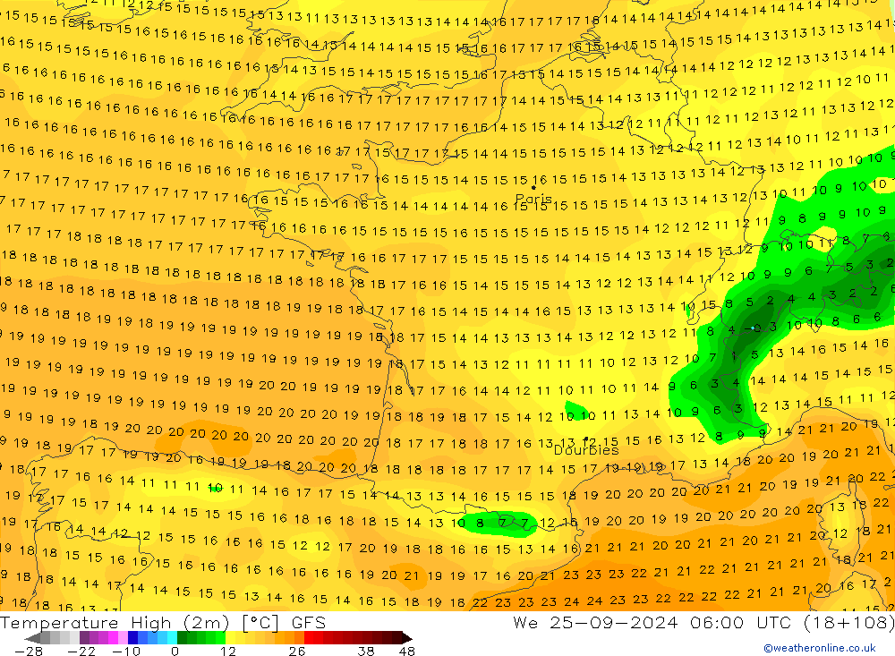 Temperature High (2m) GFS We 25.09.2024 06 UTC