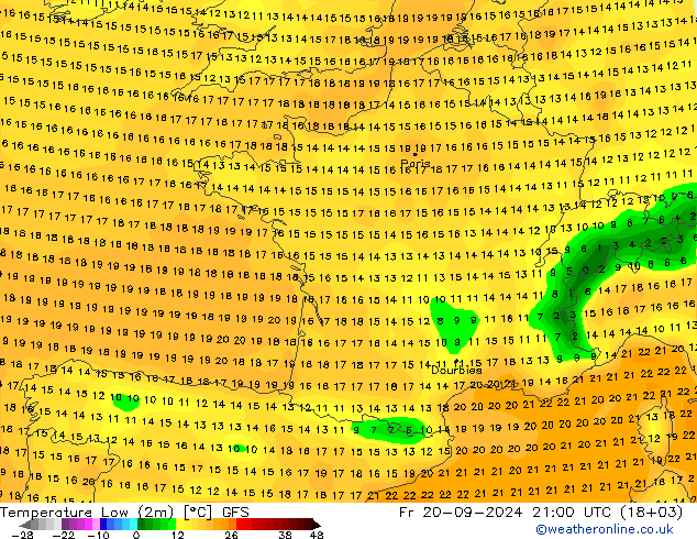 Min. Temperatura (2m) GFS pt. 20.09.2024 21 UTC