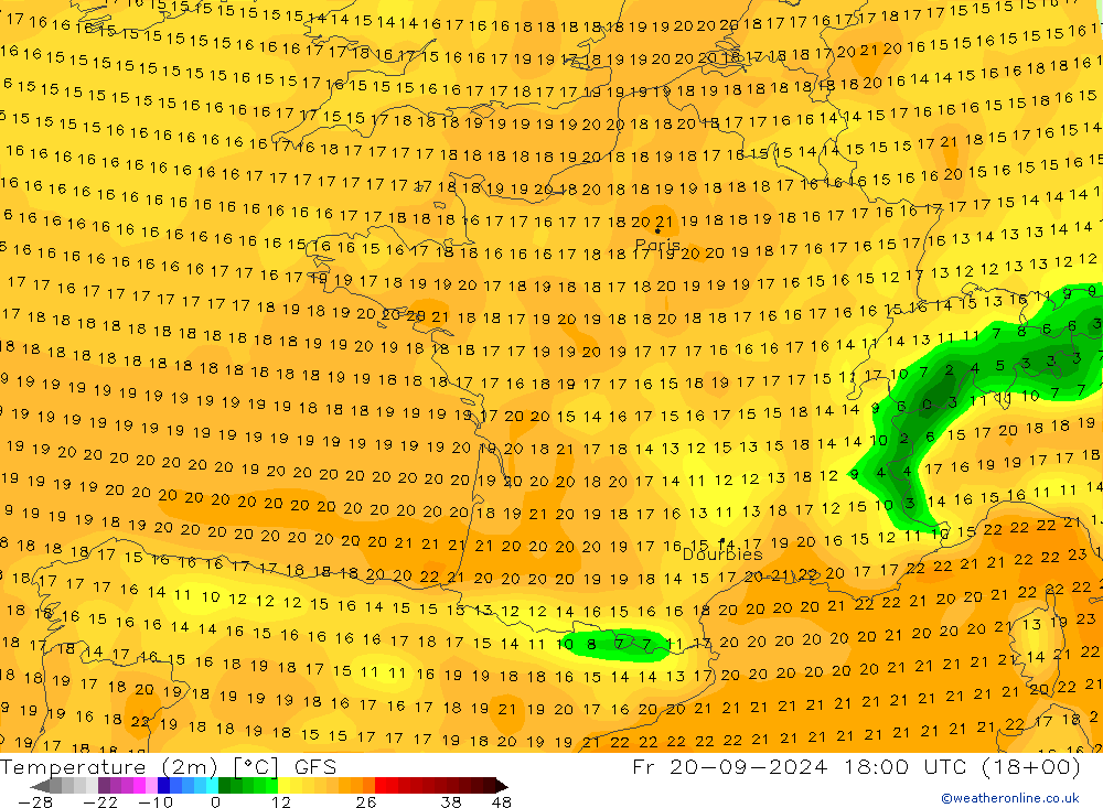 Temperatura (2m) GFS ven 20.09.2024 18 UTC