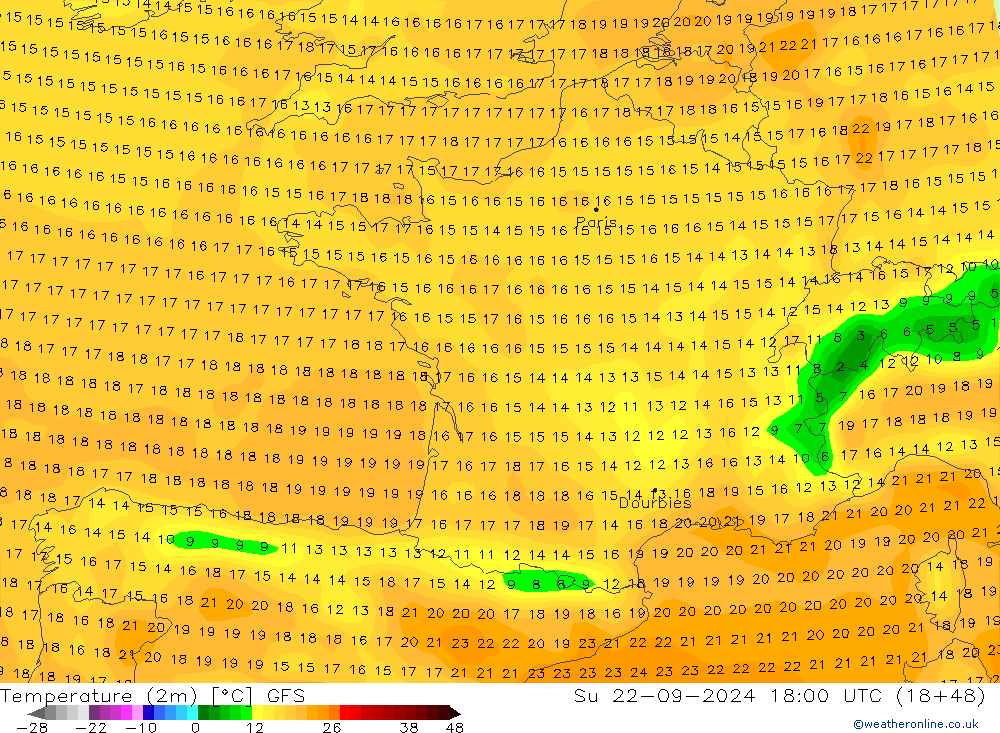 Temperatura (2m) GFS dom 22.09.2024 18 UTC