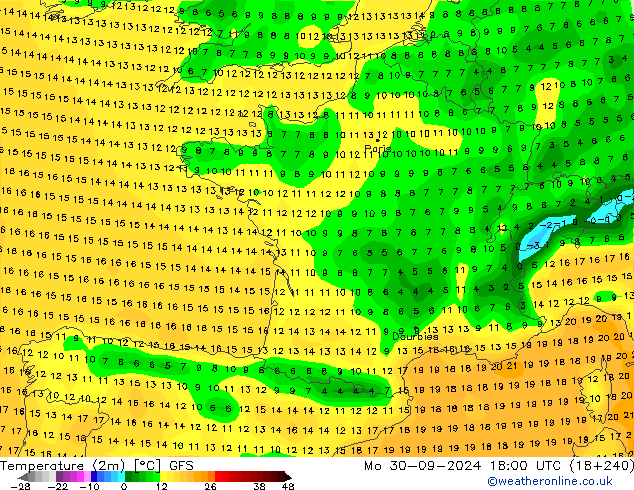 Temperatuurkaart (2m) GFS ma 30.09.2024 18 UTC