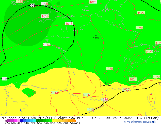 500-1000 hPa Kalınlığı GFS Cts 21.09.2024 00 UTC