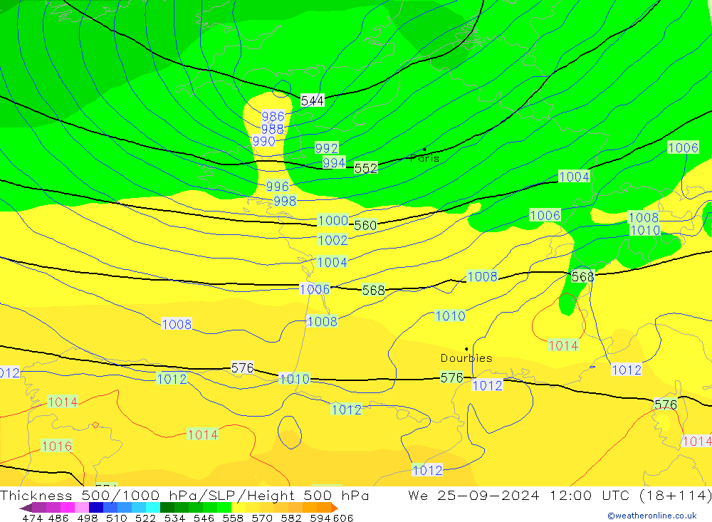 Thck 500-1000hPa GFS  25.09.2024 12 UTC