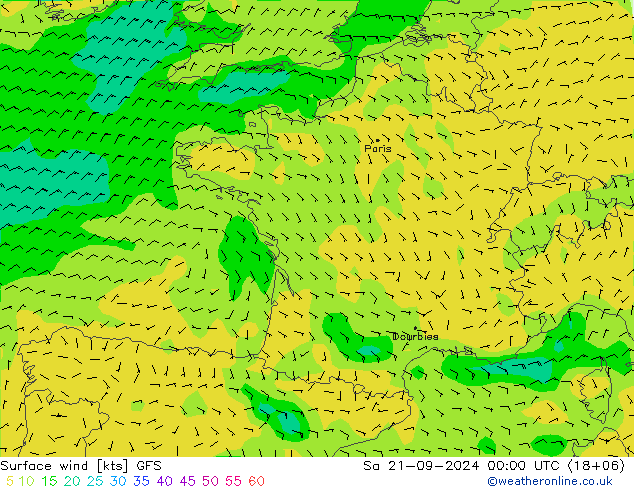 wiatr 10 m GFS so. 21.09.2024 00 UTC