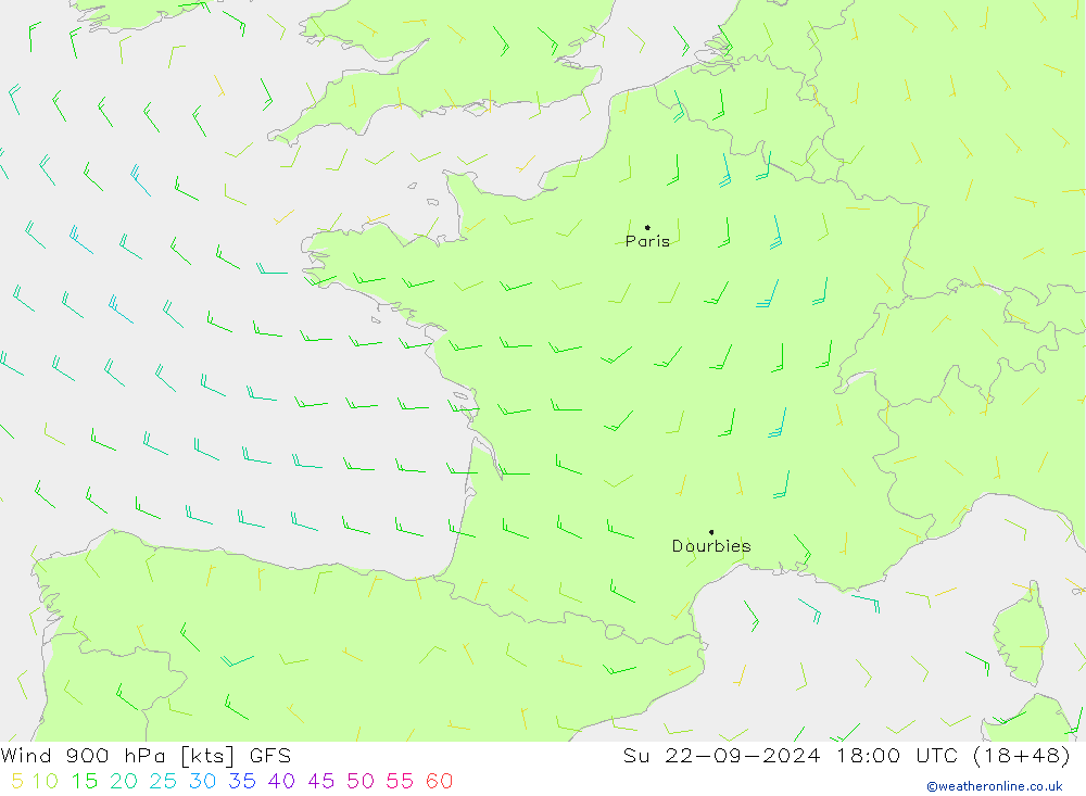 Wind 900 hPa GFS So 22.09.2024 18 UTC