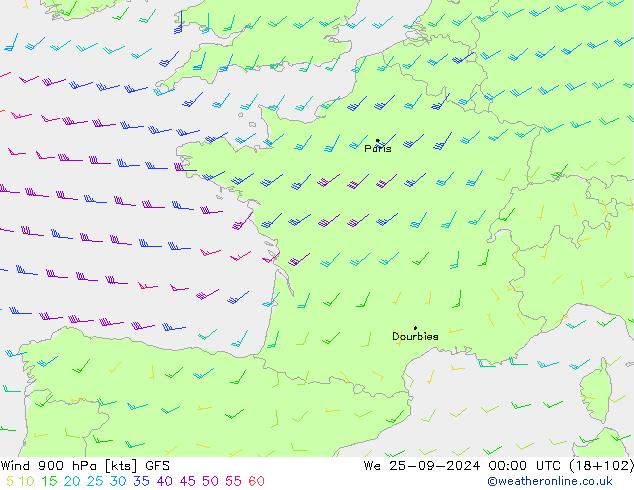 Vento 900 hPa GFS Qua 25.09.2024 00 UTC