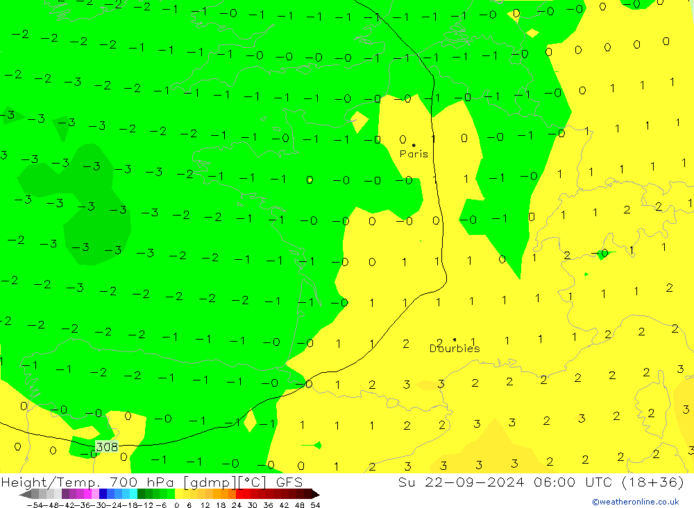 Height/Temp. 700 hPa GFS Su 22.09.2024 06 UTC