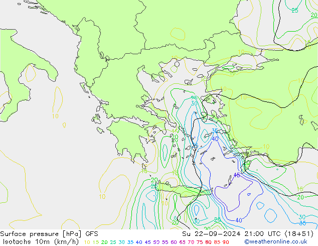 Isotachs (kph) GFS Su 22.09.2024 21 UTC