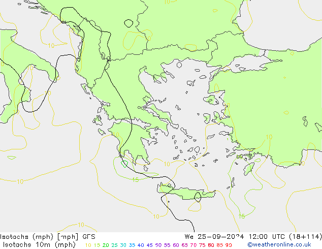 Isotachen (mph) GFS wo 25.09.2024 12 UTC