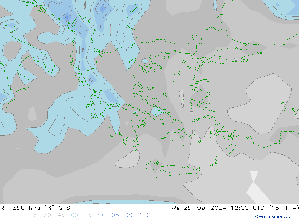 RH 850 hPa GFS We 25.09.2024 12 UTC