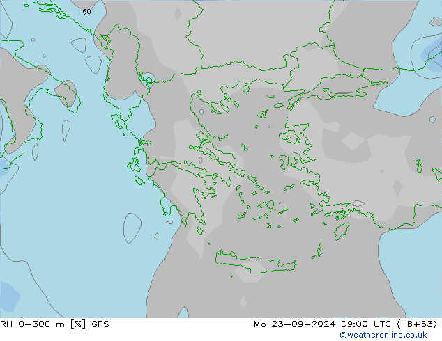 RH 0-300 m GFS Po 23.09.2024 09 UTC