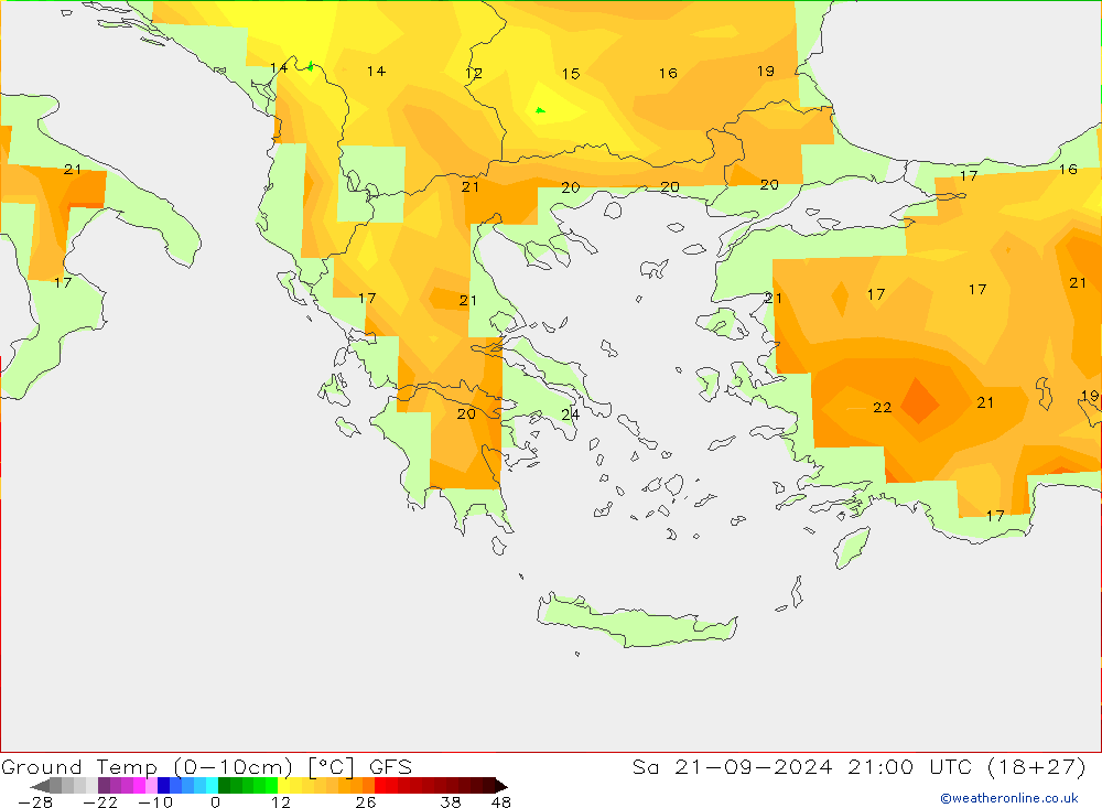 Ground Temp (0-10cm) GFS Sa 21.09.2024 21 UTC