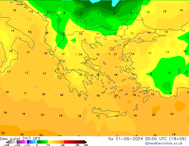 Ponto de orvalho GFS Sáb 21.09.2024 00 UTC