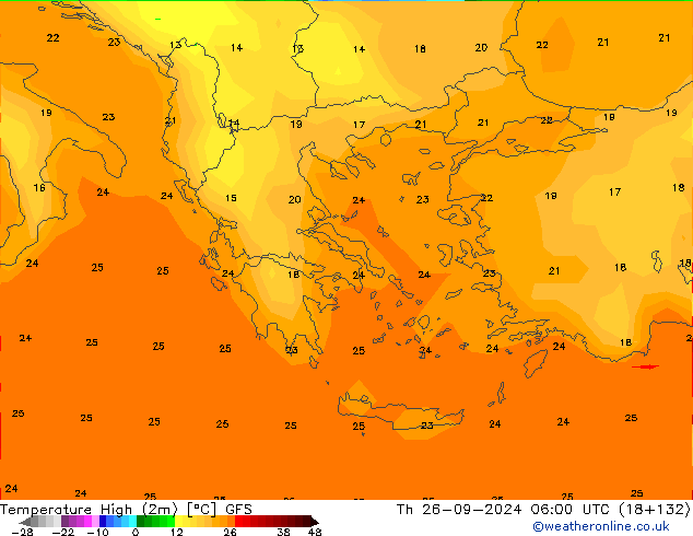 Temperature High (2m) GFS Th 26.09.2024 06 UTC