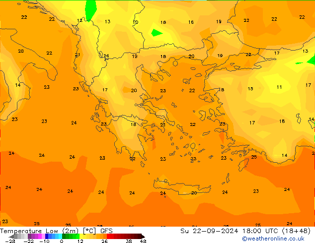 Nejnižší teplota (2m) GFS Ne 22.09.2024 18 UTC