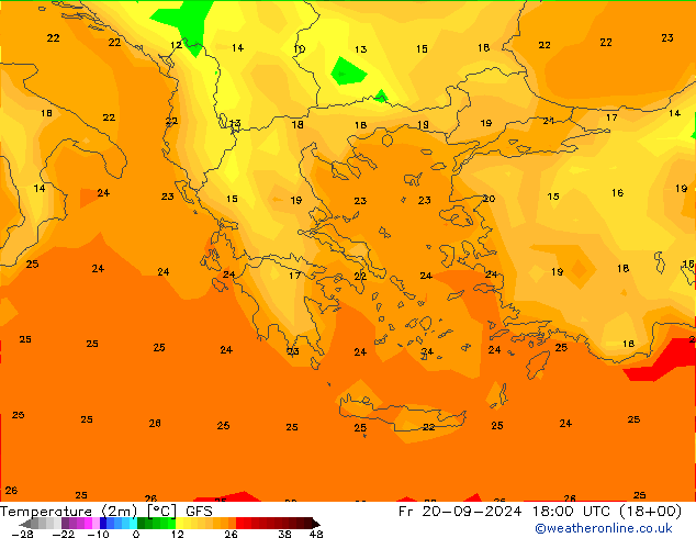 Sıcaklık Haritası (2m) GFS Cu 20.09.2024 18 UTC