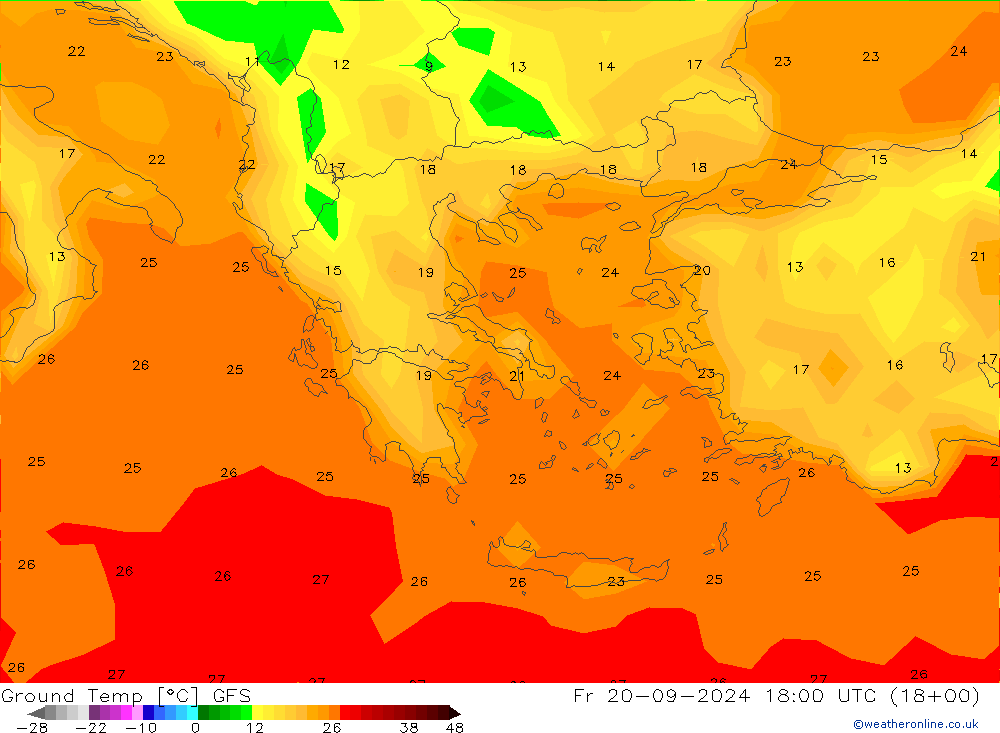 Temperatura del suelo GFS vie 20.09.2024 18 UTC