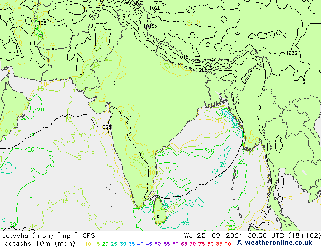 Isotachs (mph) GFS Qua 25.09.2024 00 UTC