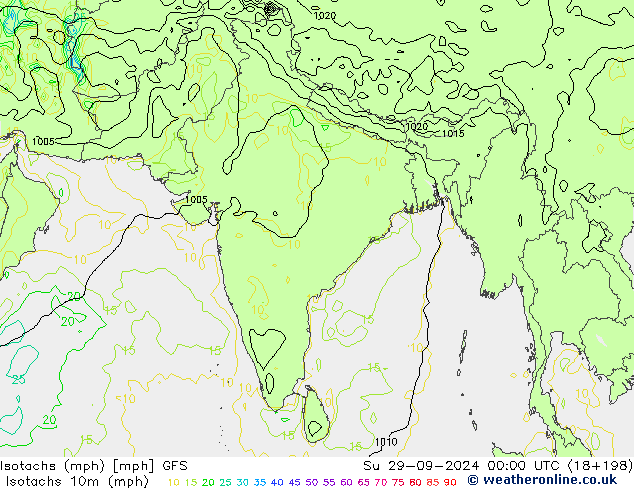 Isotachs (mph) GFS Вс 29.09.2024 00 UTC