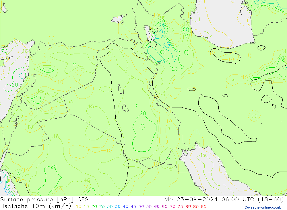 Isotachs (kph) GFS Po 23.09.2024 06 UTC